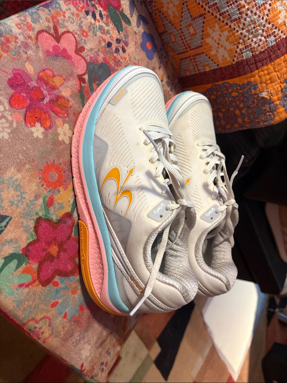 Women's White Athletic Sneakers with Pink, Blue & Yellow Accents